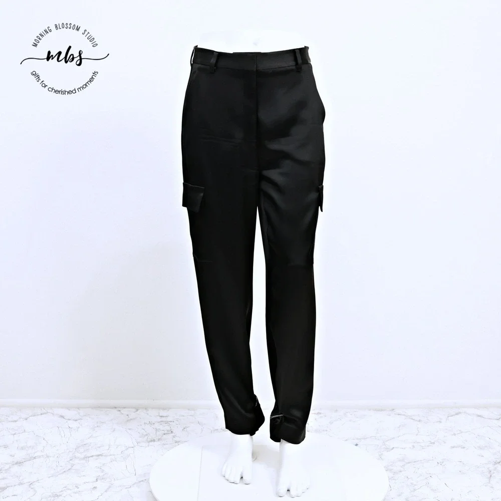 Babaton High-Waist Satin Cargo Pants Cinch Ankles Black Women 4_9